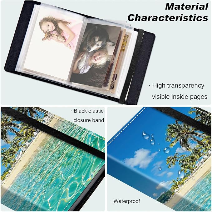 Small Photo Album 5x7, 60 Pockets Holds 120 Photos, Slip-in Pocket Photo Album with Black Elastic Band for Family Wedding Baby Travel Pictures, Palm Tree Beach - Image 5