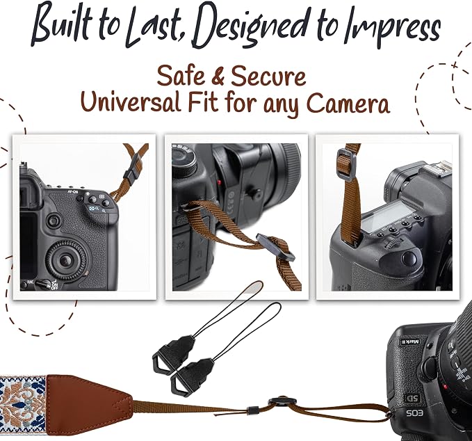 Art Tribute Camera Strap - Shoulder, Crossbody & Neck Camera Strap for Photographers, Fits All Cameras, Canon Nikon Sony Fujifilm, Padded Strap W/Quick Release, Embroidered Cotton & Leather Ends - Image 7