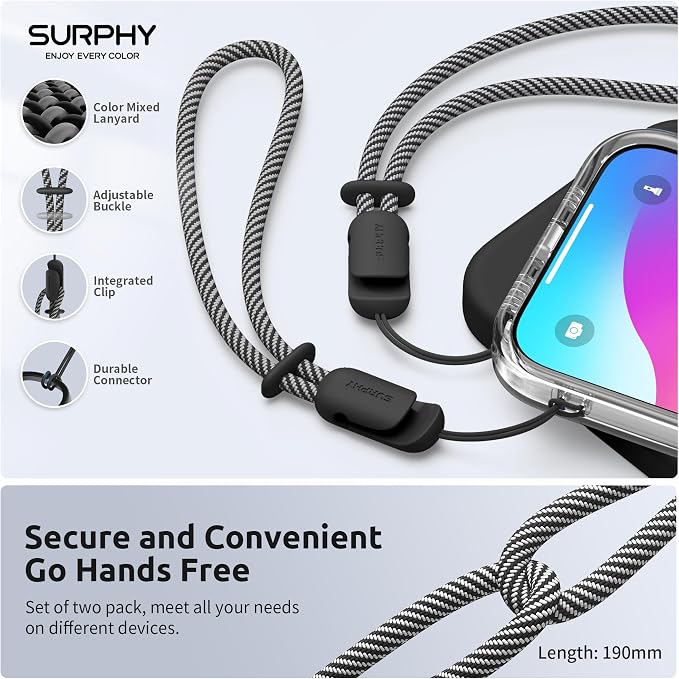 SURPHY 2 Pack Phone Lanyard, Phone Wrist Strap for Case, Camera Wrist Strap | Ultra-Light 2-Color Braided Phone Strap, Cellphone Charm Strap, Anti-Lost Wrist Lanyard for Women and Men, Black Black - Image 4