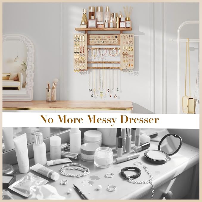 Emfogo Jewelry Organizer Hanging Wall Mounted Jewelry Holder, 5-in-1 Large Capacity Necklace Organizer Display for Ring, Necklaces, Bracelets, Earrings (Rustic Wood) - Image 4