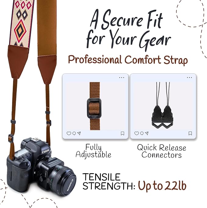 Art Tribute Camera Strap - Shoulder, Crossbody & Neck Camera Strap for Photographers, Fits All Cameras, Canon Nikon Sony Fujifilm, Padded Strap W/Quick Release, Embroidered Cotton & Leather Ends - Image 4
