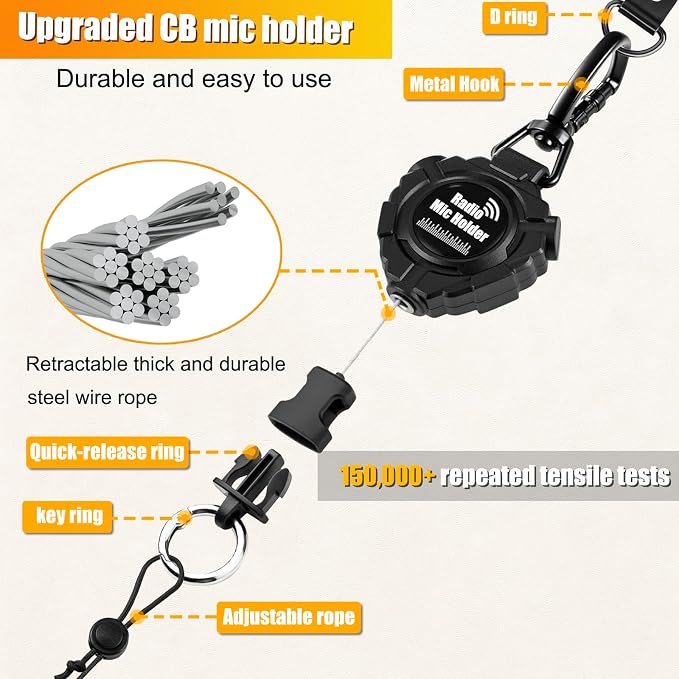 CB Mic Holder Retractable, CB Radio Mount Radio Mic Clip Hanger Holder | Lanyard Tether 32" Stainless Steel Cord with Adjustable Mount Kit, D-Ring Mount with Screw, Perfect for Truck Driver - Image 2