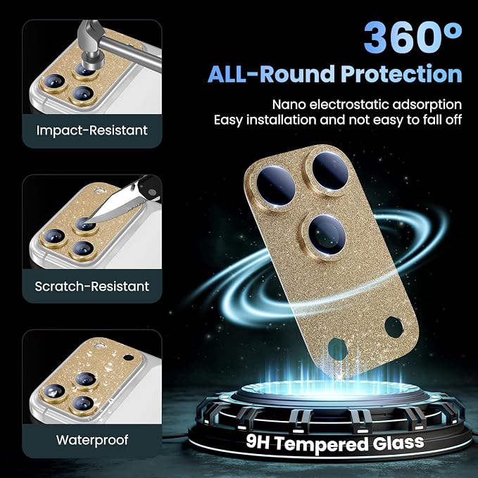 Uyiton for iPhone 17 Pro Max Camera Lens Protector, Metal Frame Glass Cover | Not Easy to Break, Strong Adsorption, Case-Friendly, Metal 9H Sapphire Glass Rear Camera Screen Cover, Glitter Gold - Image 2