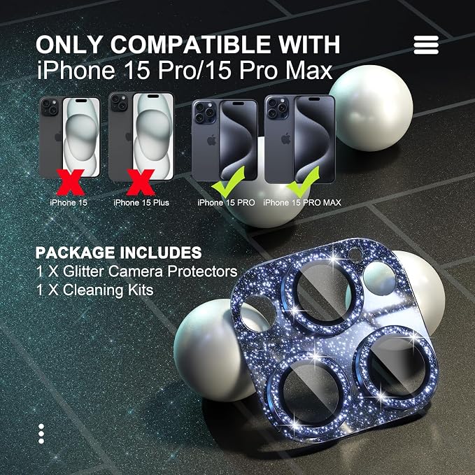Choiche for iPhone 15 Pro/iPhone 15 Pro Max Camera Lens Protector | Bling Camera Cover with 9H Tempered Glass Lens Screen Protector Metal Ring Decoration Accessories (Glitter-Titanium Blue) - Image 2