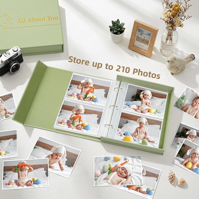4x6 Photo Storage Box with 3-Ring Slip-In Binder Album, Linen Organizer with Gold Foil Cover, Holds 210 Photos for Travel, Wedding & Memory Keeping, Light Green - Image 5