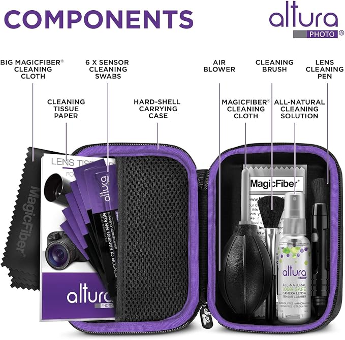 Altura Photo Camera Cleaning Kit, APS-C Sensor Cleaner for DSLR Mirrorless | Streak-Free Results, Includes All-Natural Cleaner, Swabs, Pen, Blower, Brush, Cloth & Hard Case - Image 2