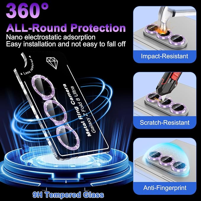 Meshine for Samsung Galaxy Z Fold 8 Ultra Camera Lens Protector,Scratch Proof,Strong Adsorption,9H Hardness with Metal Ring Camera Cover,Case Friendly,Accessories Lens Protector,Glitter Purple - Image 3