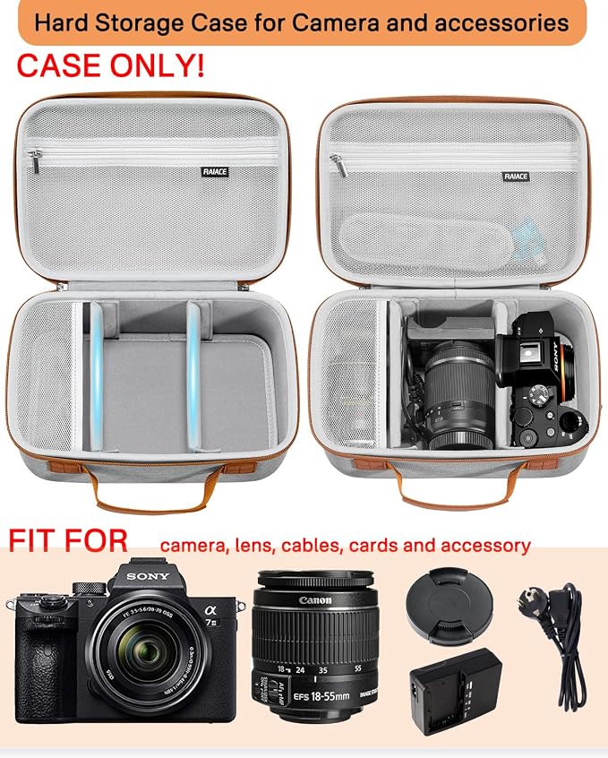RAIACE Hard Case Compatible with Sony Alpha 7 II III IV/7R V Camera, for Nikon, for Canon, for Pentax and More. Large Capacity With Mesh Pocket for Lens, Charger, Cables, Cards and Accessories.-Gray - Image 2