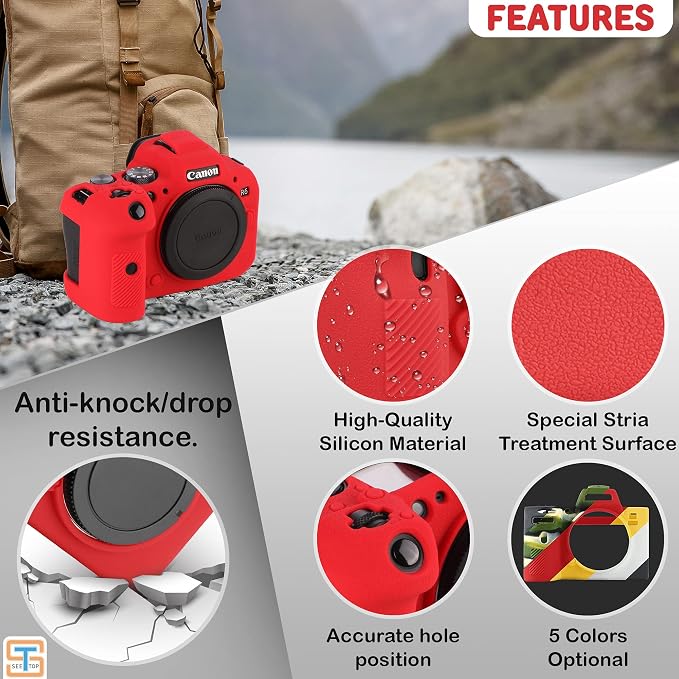 Camera Case for Canon R6 R6II - Silicone Protective DSLR Skin Cover, Detachable Cage, Shockproof, Dustproof (Red) - Image 2