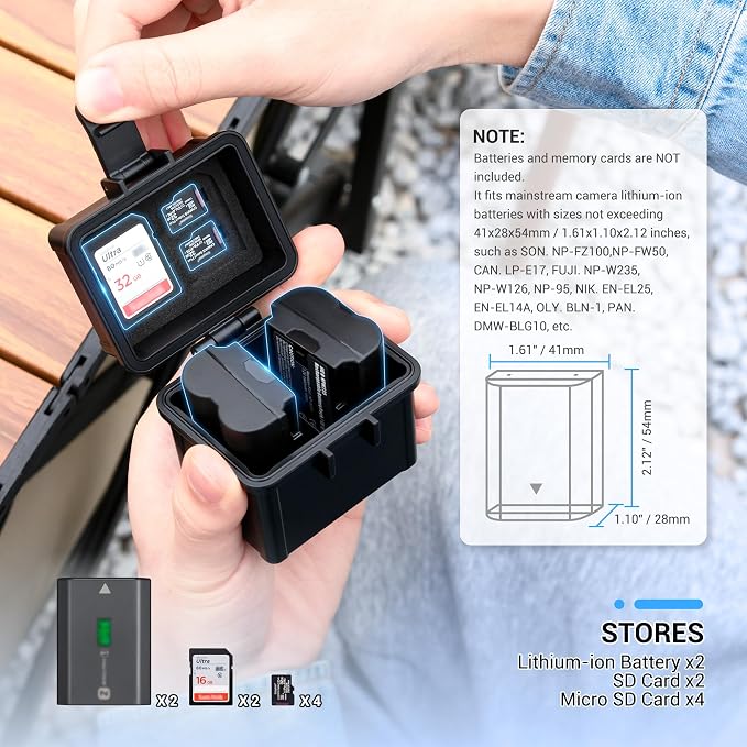 JJC Portable Camera Battery Memory Card Case,Battery Holder Organizer Box for 2x Canon LP-E17 LP-E12 LP-E10 Fuji NP-W126 NP-W235 Nikon EN-EL14A EN-EL25 Sony NP-FZ100 NP-FW50 DMW-BLG10 Battery and More - Image 2