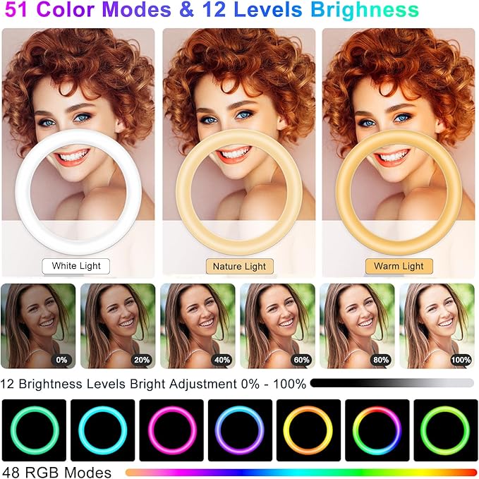 13.3"Ring Light with Music Mode, 75"Tripod and Desk Stand, 2 Phone Holders | Ring Light with Stand/Wireless Remote/3 CCT Mode & 96 RGB Color Modes for TikTok/ iPhone/LiveStream/Makeup/YouTube - Image 2