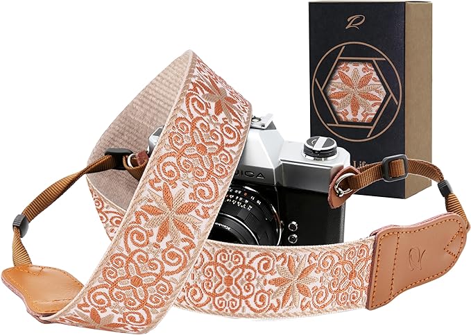 Padwa Lifestyle Khaki Yellow flower Camera Strap - 2" Cowhide Head,Jacquard Embroidery Woven Cotton,Adjustable Shoulder Neck Camera Straps for Photographers by PadwaLifestyleCameraStrap