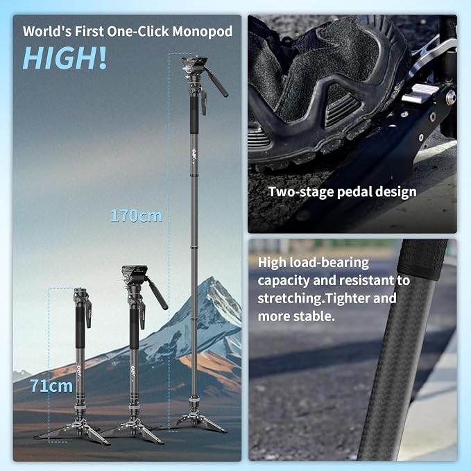 M1V5 Camera Monopod, One-Click Lifting Monopod with Feet, 67'' Lightweight monopod with V5 Fluid Head for Camera, DSLR, Camcorder (M1V5) - Image 4