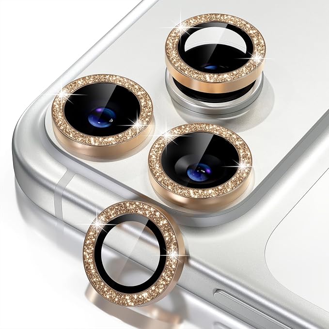 Misea Compatible for iPhone 17 Pro/iPhone 17 Pro Max Camera Lens Protector | 9H Tempered Glass Ultra HD Bling Camera Screen Protector Cover Metal Individual Ring Decoration Accessories, Gold Glitter by Misea