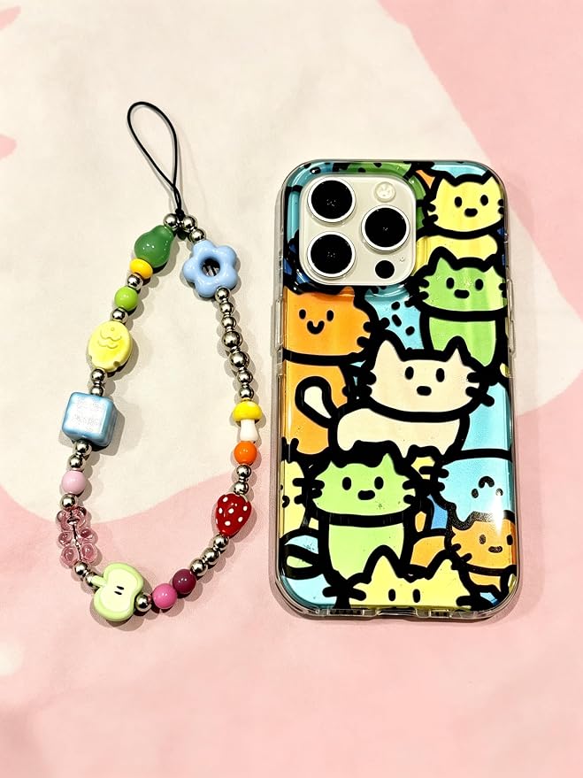 2 Pcs Phone Charm Strap Hand Wrist Strap Camera Lanyard Pearl Beaded Cute Chain String Accessories Universal for iPhone 17 Pro Max 16 15 14 for Samsung Women Girls Keychain Brown Bead and Kawaii Fruit - Image 9