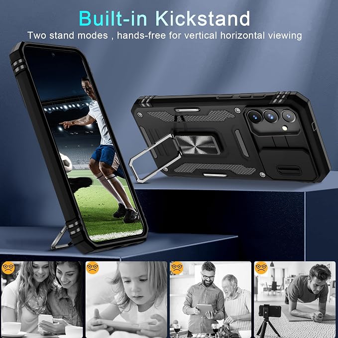 DEERLAMN Case for Samsung Galaxy S25 Plus/S24 Plus 6.7-Inch with Slide Camera Cover+Screen Protector(1 Pack), Rotated Ring Kickstand Military Grade Shockproof Protective Cover-Black - Image 5