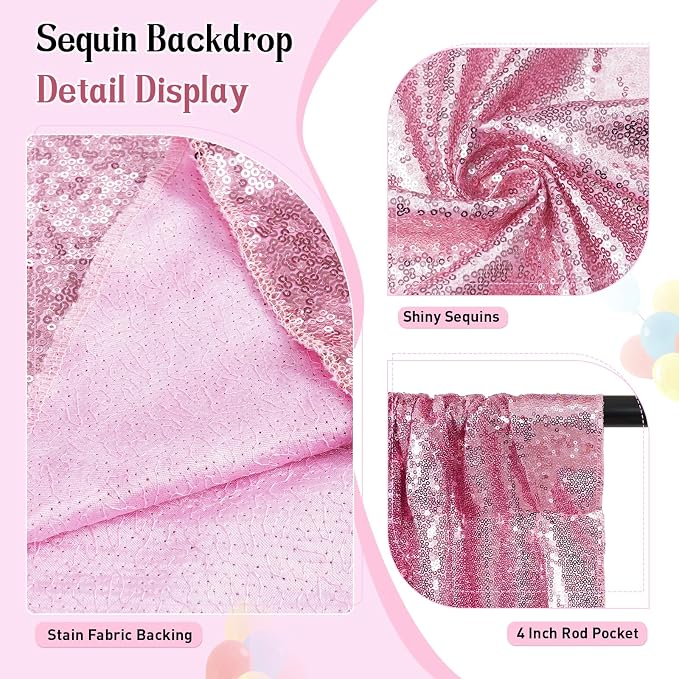 SquarePie 6x6ft Fuchsia Pink Sequin Backdrop, High Density Non-Transparent Glitter Curtain for Photography, Birthday, Wedding Party Decorations, Thick Solid Background with 4" Rod Pocket, 1 Panel - Image 2