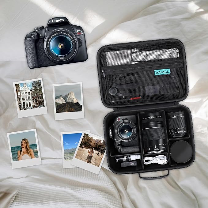 RAIALL Case for Canon EOS Rebel T7/R50/R100/Sony/Nikon D7500 Camera, Black | for R50V/R8/R10/RP/R7/R6 Mark II/R5 DSLR SLR, Lens, Tripod, Hard Protective Travel Bag with a Shoulder Strap and 5 Dividers - Image 9