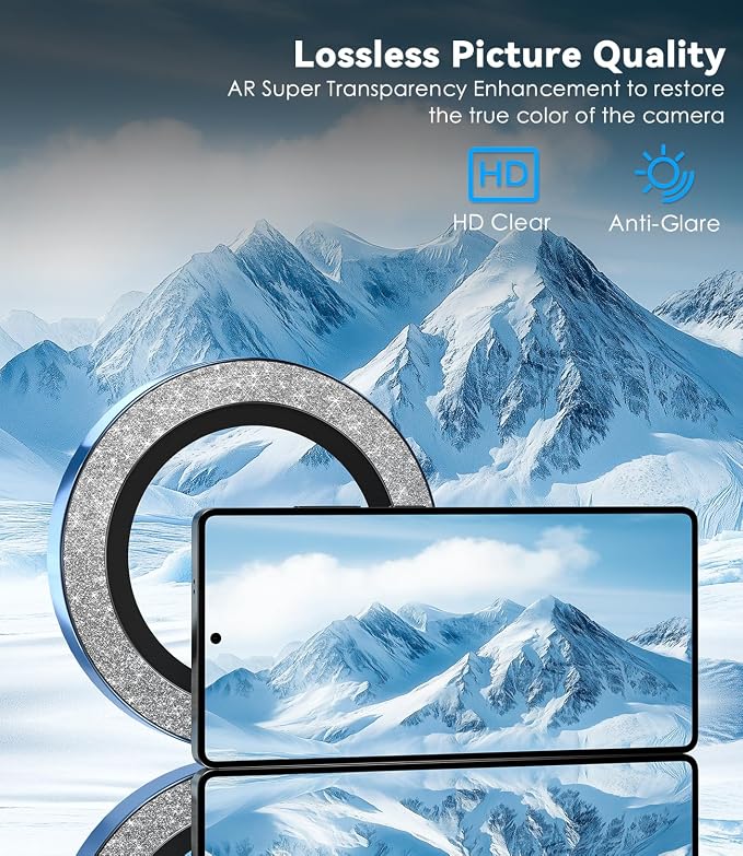CloudValley for Samsung Galaxy S25 Ultra Camera Lens Protector Bling | 9H Tempered Glass + Aluminum Alloy Lens Protective Ring [Glitter Decoration] Ultra-HD Tempered,Glitter Titanium Silverblue - Image 5