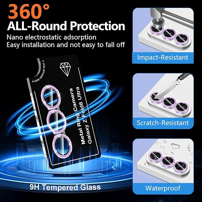 for Samsung Galaxy Z Fold 8 Ultra Camera Lens Protector, Individual Metal Ring Tempered Glass Lens Cover, [Strong Adsorption] Scratch Resistant Ultra-Thin HD Clear Lens Cover, 1 Set-Purple Sparkly - Image 2