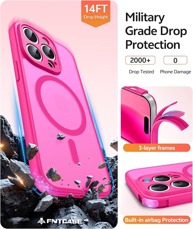 FNTCASE for iPhone 14 Pro Max Case, Fit for Magsafe, Glass Screen Protector | Full Camera Protection, Translucent Matte, 14FT Military Grade Drop Proof, Shockproof Protective Phone Cover, Hot Pink - Image 5