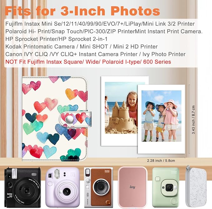 Fintie Mini Photos Album Book for 2x3 Inch Films - 52 Pockets Small Albums | For Fujifilm Instax Mini, Polaroid Hi-Print Pictures, Portable Kpop Photocard Holder, Travel Memory Book, Raining Hearts - Image 3