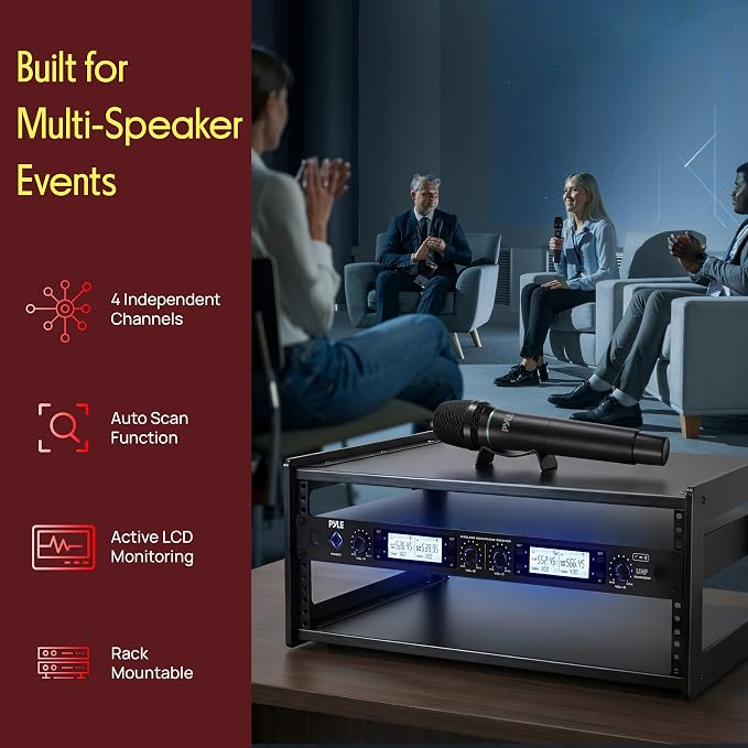Pyle 4 Channel UHF Wireless Microphone System with 2 Handheld Mics, 2 Lavalier 2 Headsets & Beltpack Transmitters, 300ft Range, Rack Mount Receiver for Church, Meetings, DJ & PA Systems - Image 3
