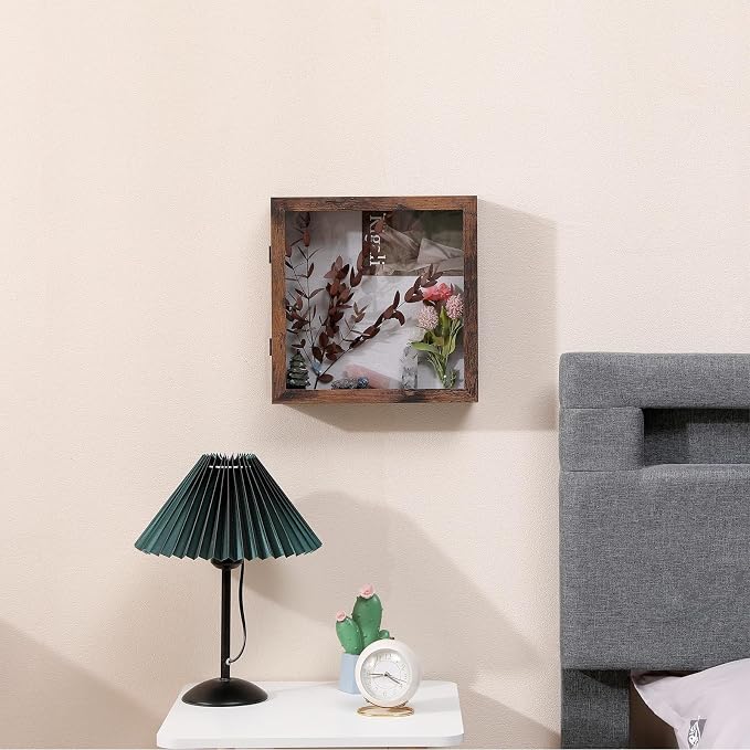 Muzilife 11x11 Shadow Box Picture Frame, 2.16 Deep, Real Glass, Honey Brown | FSC-Wood, Magnetic Door, Linen Interior & Pins, Vertical, Horizontal Wall Hanging, Display Case Frame for Photos & Keepsakes - Image 5