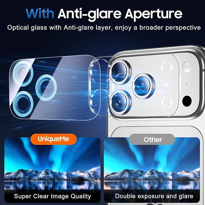 UniqueMe for 3 Pack iPhone 17 Pro Camera Lens Protector Glitter Light Blue | Drop Protection, Case Friendly, 9H Tempered Glass, Camera Cover Screen, Update New Version - Image 4