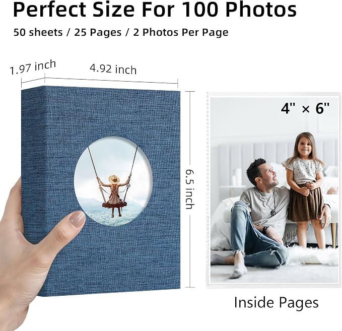 Vienrose Photo Album 4x6 Photos 100 Pockets Linen Cover Slip-in Photo Book with Round Window for Wedding, Vacation Memories, Personalized Picture Organizer, Blue - Image 2