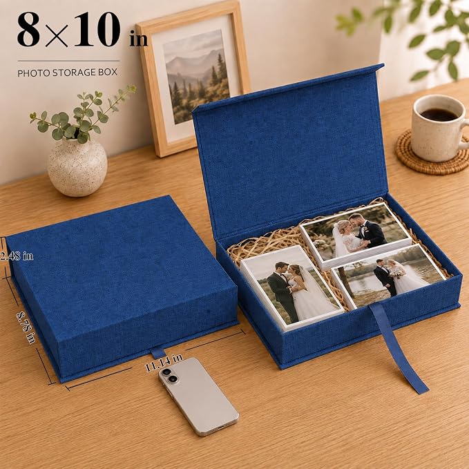 Vienrose Linen Photo Storage Box, 8"x10", Postcard Keeper, Dark Blue | 1Pc Sturdy Linen Cover Box for Photos, Postcards & Decorative Paper Storage, Perfect for Home, Office, Craft Room, and Travel - Image 2