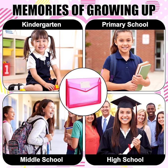 Motipuns 14 Pack K-12 School Memory Box Back to School, Pink | Large Capacity Organizer, 16 Questionnaire Cards, Photo Album Keepsake Scrapbook, from Pre to 12th Grade File Picture Folder - Image 6