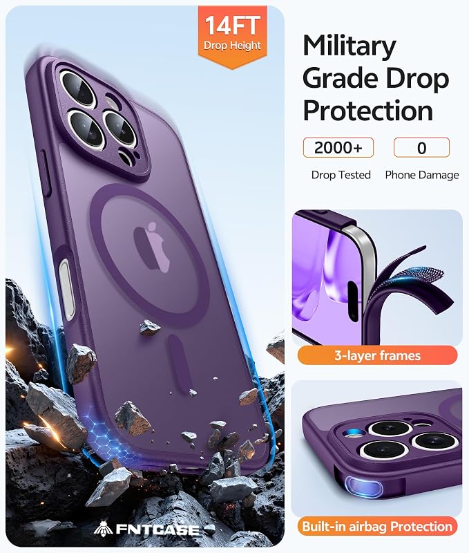 FNTCASE for iPhone 16 Pro Case, Fit for Magsafe, with Screen Protector | Full Camera Protection, Translucent Matte, 14FT Military Grade Drop Proof, Shockproof Protective Phone Cover, Purple - Image 5