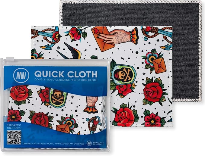 Microfiber Wholesale Quick Cloth Glasses Cleaning Cloths 5x7 Tattoo 2-Pack | with Case | Double-Sided Lens Cleaner for Eyeglasses, Camera, Screens & Glass | Reusable Microfiber Glass Polishing Cloths by MicrofiberWholesale