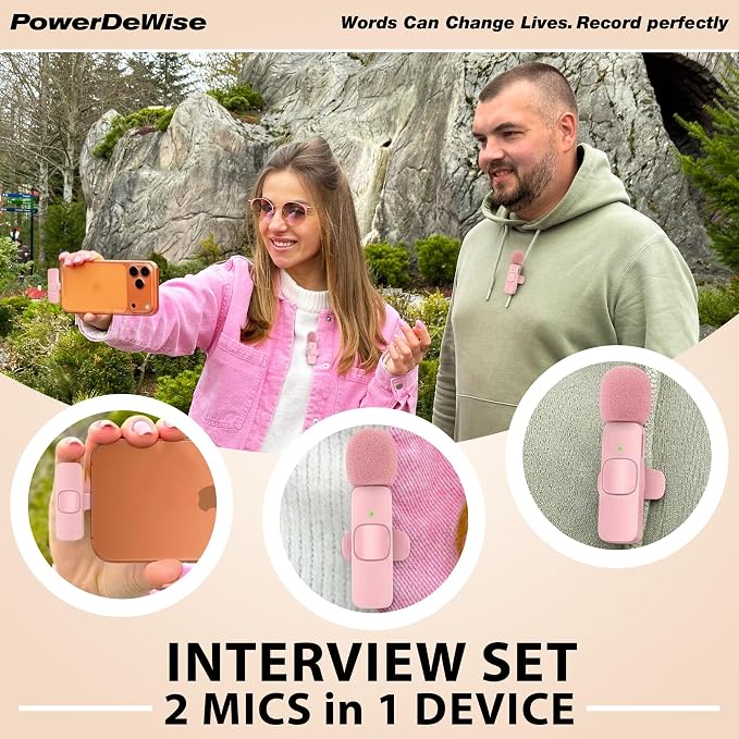Wireless Lavalier Microphone for iPhone & Android, 2 Pack Pink Mini Mic, USB-C/Lightning Clip-On Microphone, AI Noise Cancellation, 70FT Range for TikTok YouTube Podcast Vlog - Image 2