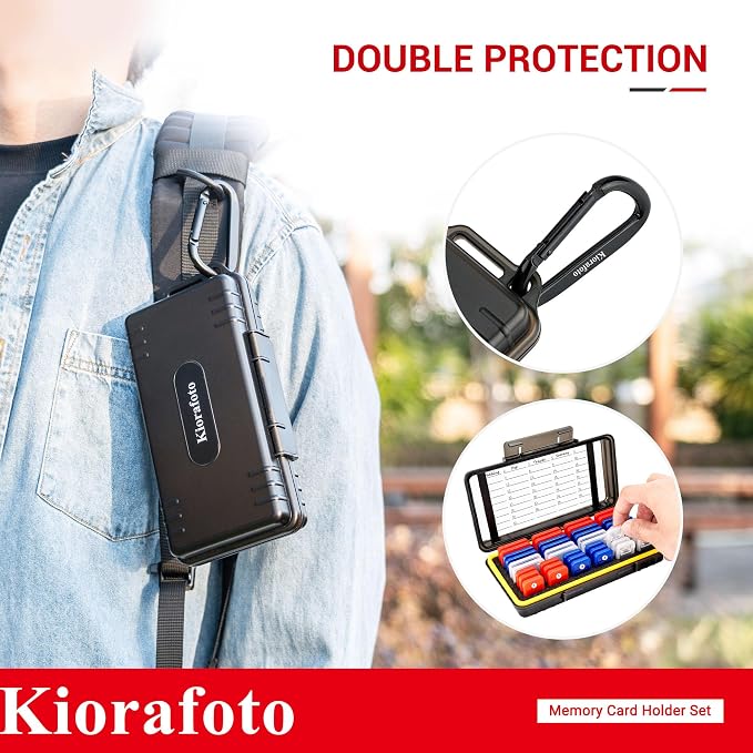 Kiorafoto Memory Card Case w 24 SD & 18 TF Transparent Standard Card Cases | Water-Resistant,Dual Protect,for 24 SD SDXC SDHC & 18 TF MSD Cards,Memory Card Holder Organizer,with Carabiner & Labels - Image 7