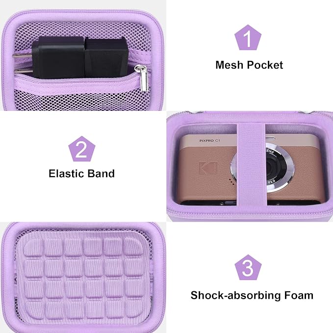 Canboc Carrying Case for KODAK PIXPRO C1 Friendly Zoom Digital Camera | For Canon PowerShot ELPH 360 HS A/ 360 HS/ 360/ IXY 650 Digital Camera, Mesh Pocket fit Cable, SD Card, Purple (Case Only) - Image 6
