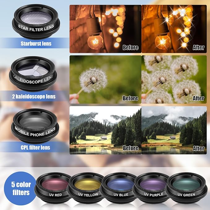 Copkim 16 Pcs Phone Camera Lens Kit 16 in 1 with Selfie Light Universal Clip on Cell Phone 198 Degree Fisheye Wide Angle Macro Kaleidoscope CPL Lens Attachments Compatible with Most Phones - Image 5