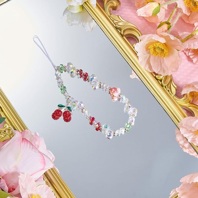 BEEFLYING Cherry Beaded Phone Charm Wrist Strap for Case, Dazzling | Y2K Cell Phone Chain with Cherry Pendant, for Bag Keychain Camera Wallet - Image 3