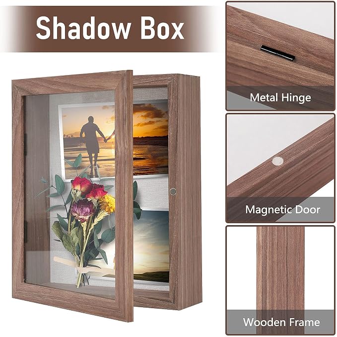 Muzilife 8x10 Shadow Box Wood Picture Frame, 2.16 Deep, Real Glass, Brown | FSC-Wood, Magnetic Door, Linen Interior & Pins, Vertical, Horizontal Wall Hanging, Display Case Frame for Photos & Keepsakes - Image 4