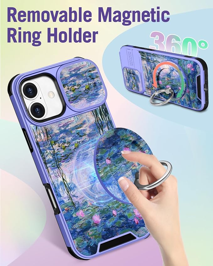 Buleens for iPhone 16 Case 6.1 Inch - with Ring Stand & Camera Cover Aesthetic Cute Designed for Women Girls Girly Pretty Kawaii Blue Water Lily Teens Phone Case for iPhone 16 Compatible with Magsafe - Image 5