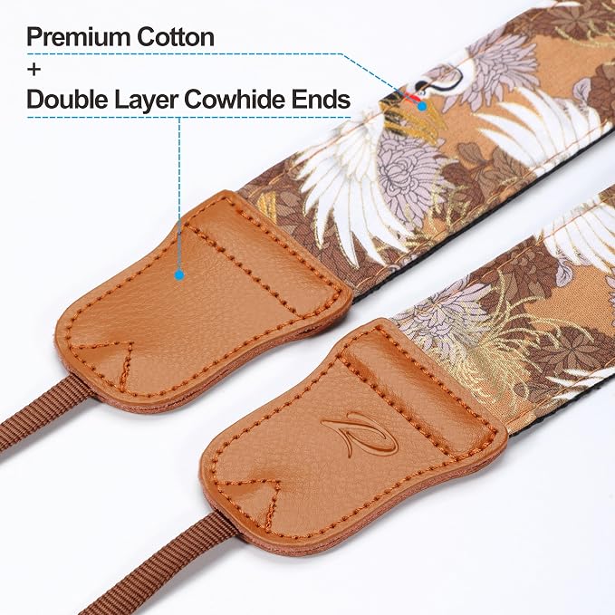 Padwa Lifestyle Brown Crane Camera Strap - 2" Cowhide Leather Head Cotton Camera Straps for Photographers,Vintage Japanese Art Print Adjustable Neck & Shoulder Strap for ALL DSLR/SLR Cameras - Image 3