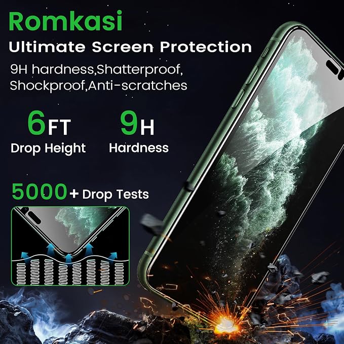 Romkasi 3 Pack Privacy Screen Protector for iPhone 11 Pro Max 6.5 Inch with 3 Pack Camera Lens Protector, Anti Spy Tempered Glass Film, Anti-Scratch, Touch Sensitive, Case Friendly - Image 5