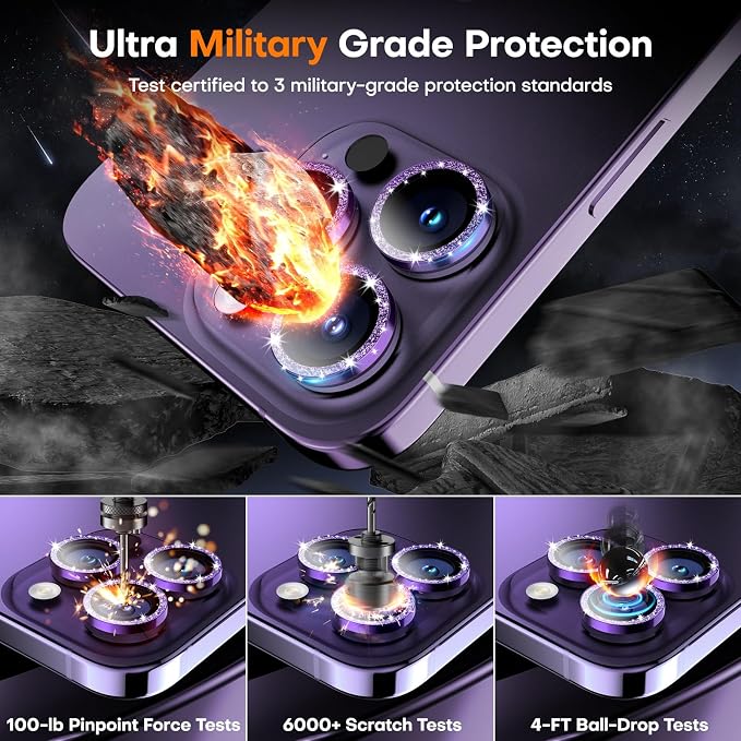 Camera Lens Protector for iPhone 14 Pro Max/14 Pro- Glitter Purple | 9H Tempered Glass, Metal Individual Camera Cover, Accessories, Anti-drop, Case Friendly, HD Clear, Anti-Scratch - Image 5