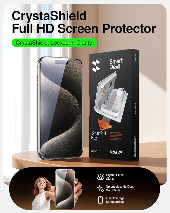 SMARTDEVIL 2 Pack Tempered Glass for iPhone 15 Pro Screen Protector | Military-Grade Shatterproof Protection, Crystal Clear, 9H Hardness, Fast & Easy Installation, Scratch Proof, Case Friendly - Image 2
