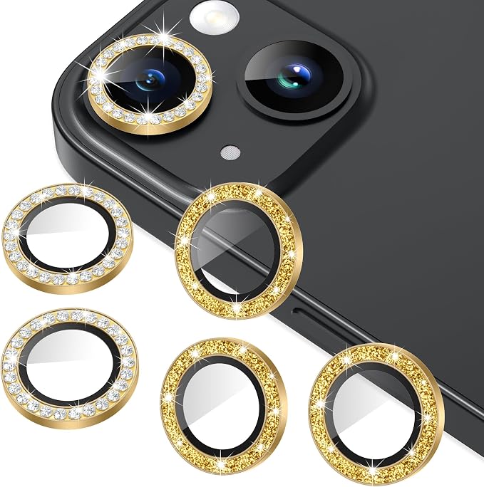 AGVEE 3+3 6 Pack for iPhone 15/15 Plus Camera Lens Protector Cover | Individual Bling Diamond & Bling Glitter Sparkle Cute Gem Metal Ring, 9H Tempered HD Glass by AGVEE