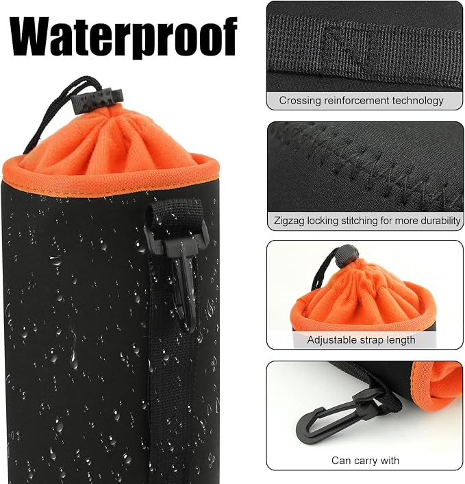 4Pcs Camera Lens Case Bag,4 Size Orange Water Resistant Protective Lens Pouch Set With Adjustable Drawstring Rotating Clamp,Replacement Compatible Thick Protective Neoprene for Canon,Nikon,Sony,Pentax - Image 5