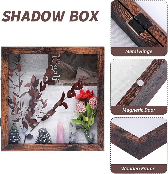 Muzilife 11x11 Shadow Box Picture Frame, 2.16 Deep, Real Glass, Honey Brown | FSC-Wood, Magnetic Door, Linen Interior & Pins, Vertical, Horizontal Wall Hanging, Display Case Frame for Photos & Keepsakes - Image 4