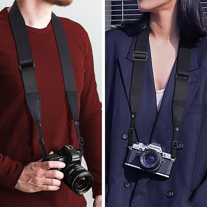 Padwa Lifestyle Black Adjustable Camera Strap - 1.5" Top Layer Cowhide Head Camera Straps for Photographers, Nylon Adjustable Neck Shoulder & Crossbody Strap Quick Release for All Cameras - Image 2