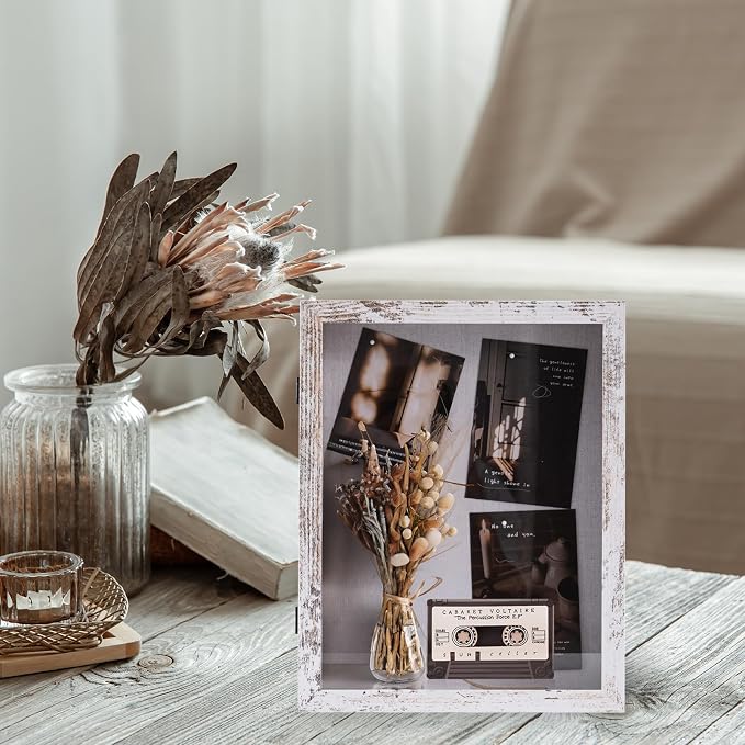 Muzilife 11x14 Shadow Box Picture Frame, 2.16 Deep, HD Glass, Rustic White | FSC-Wood, Magnetic Door, Linen Interior & Pins, Vertical, Horizontal Wall Hanging, Display Case Frame for Photos & Keepsakes - Image 2